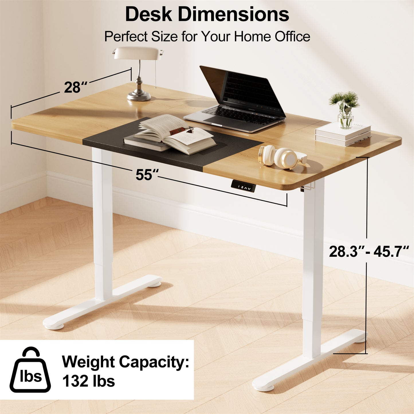 WOKA Electric Height Adjustable Electric Standing Desk, 55 x 28 Inch Sit Stand Desk with Memory Controllers, Stand up Desk for Home Office, Oak and Black Tabletop WD104-W51