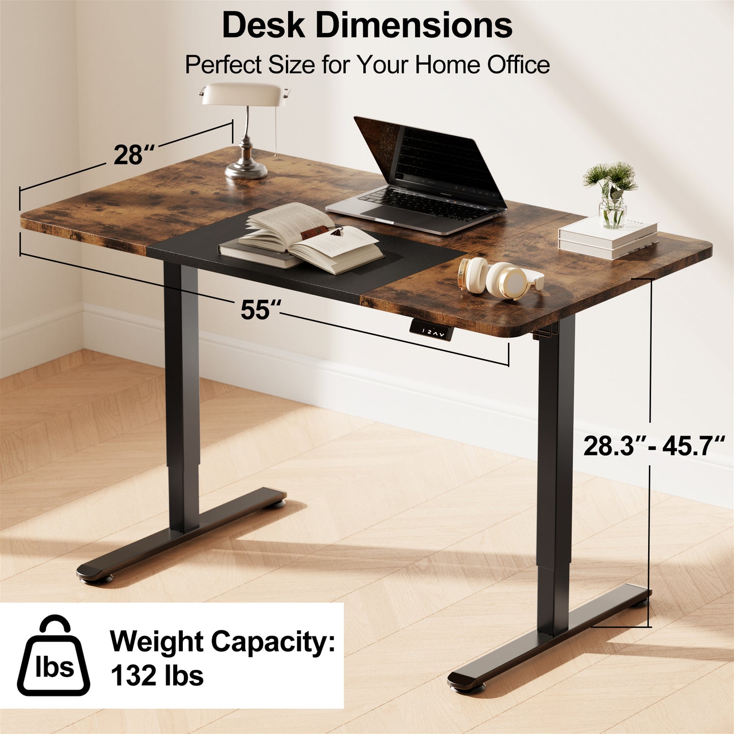 WOKA Electric Height Adjustable Electric Standing Desk, 55 x 28 Inch Sit Stand Desk with Memory Controllers, Stand up Desk for Home Office, Rustic Brown and Black Tabletop WD104-B31