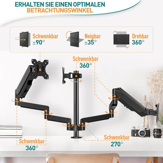 ELIVED Monitor Halterung 3 Monitore für 13-27 Zoll Bildschirme bis zu 8kg mit VESA 75/100, Monitor Arm EV006-DE