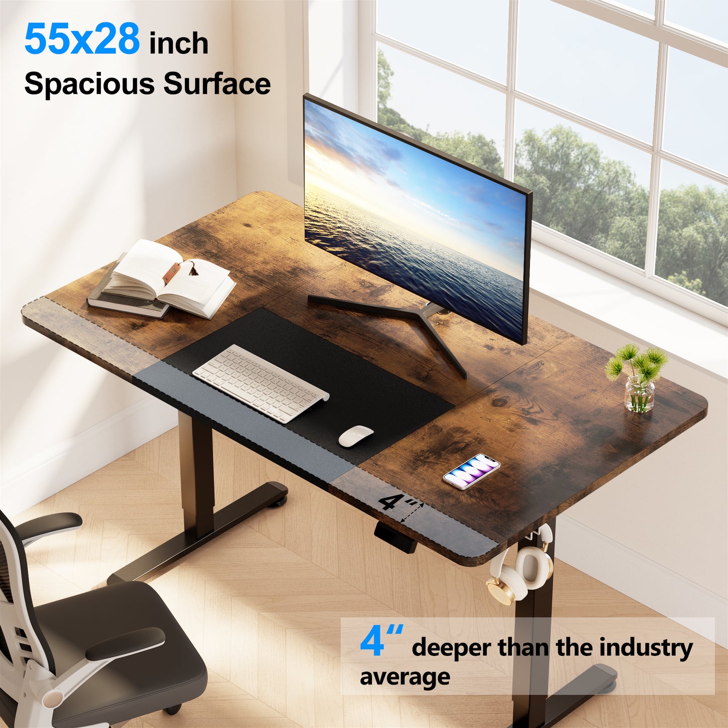 WOKA Electric Height Adjustable Electric Standing Desk, 55 x 28 Inch Sit Stand Desk with Memory Controllers, Stand up Desk for Home Office, Rustic Brown and Black Tabletop WD104-B31
