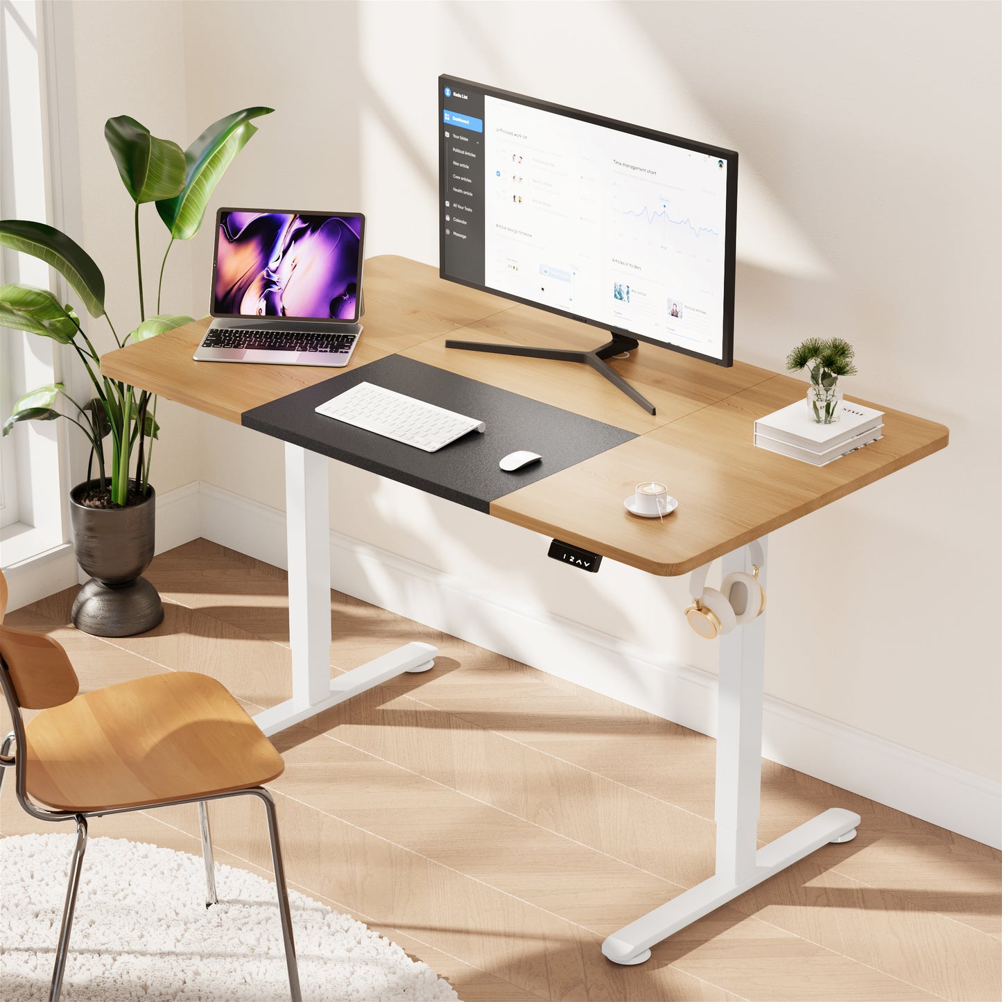 WOKA Electric Height Adjustable Electric Standing Desk, 55 x 28 Inch Sit Stand Desk with Memory Controllers, Stand up Desk for Home Office, Oak and Black Tabletop WD104-W51