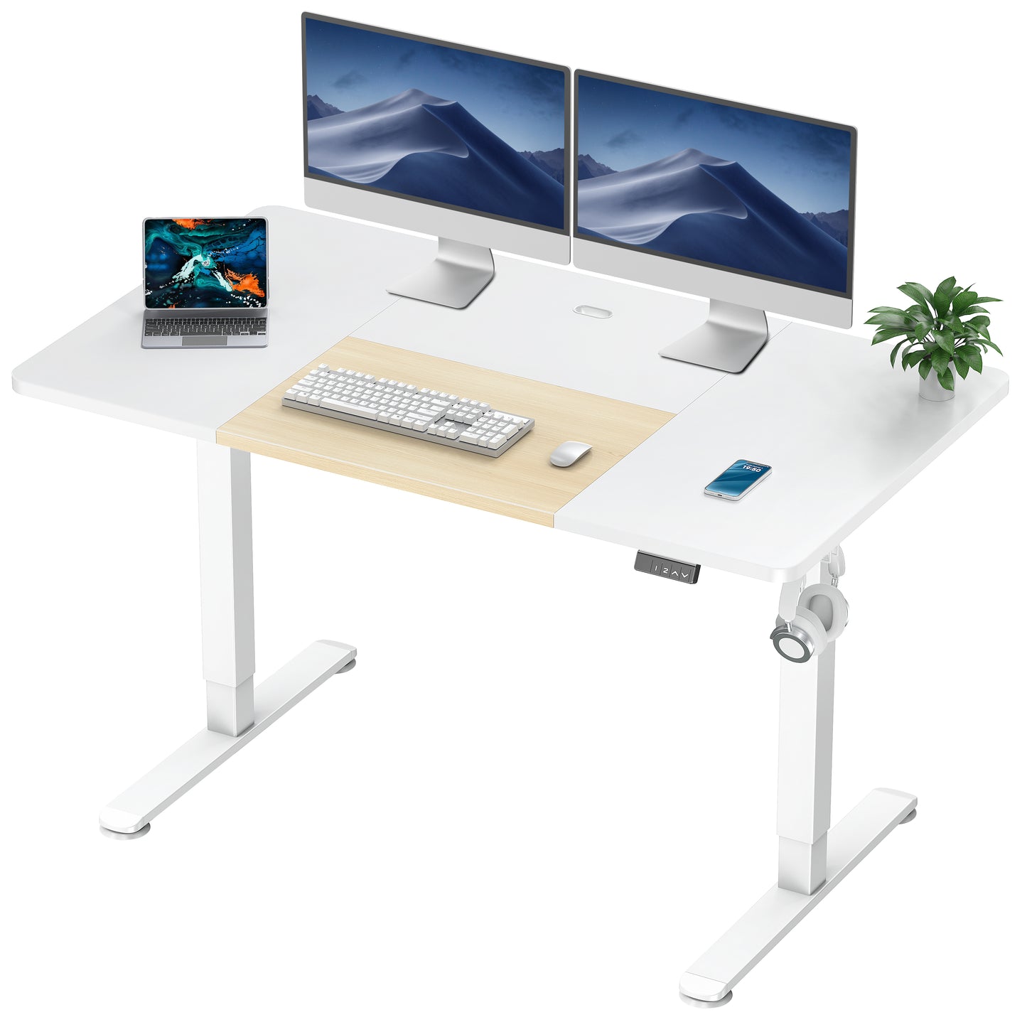 WOKA Electric Height Adjustable Electric Standing Desk, 55 x 28 Inch Sit Stand Desk with Memory Controllers, Stand up Desk for Home Office, White and Oak Tabletop WD104-W49