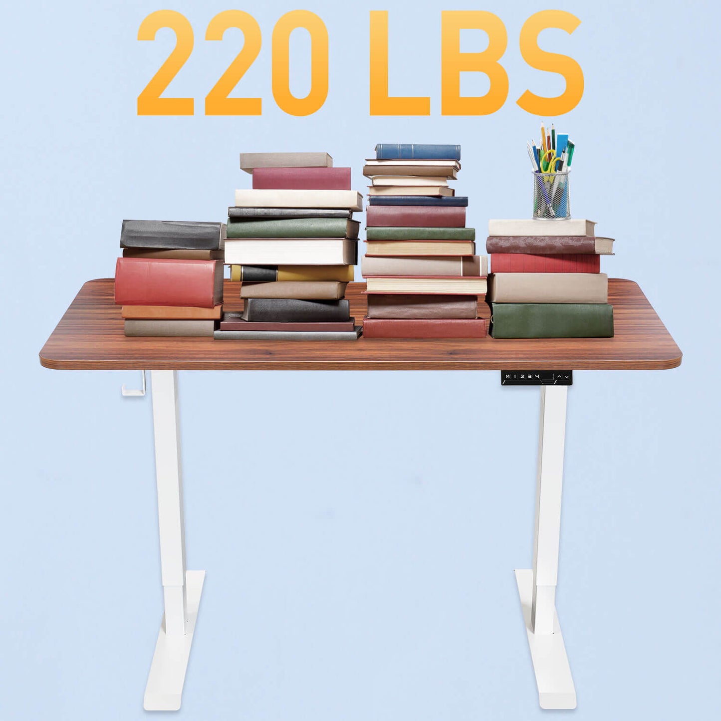 Walnut Top work from home standing desk supports up to 220 lbs.
