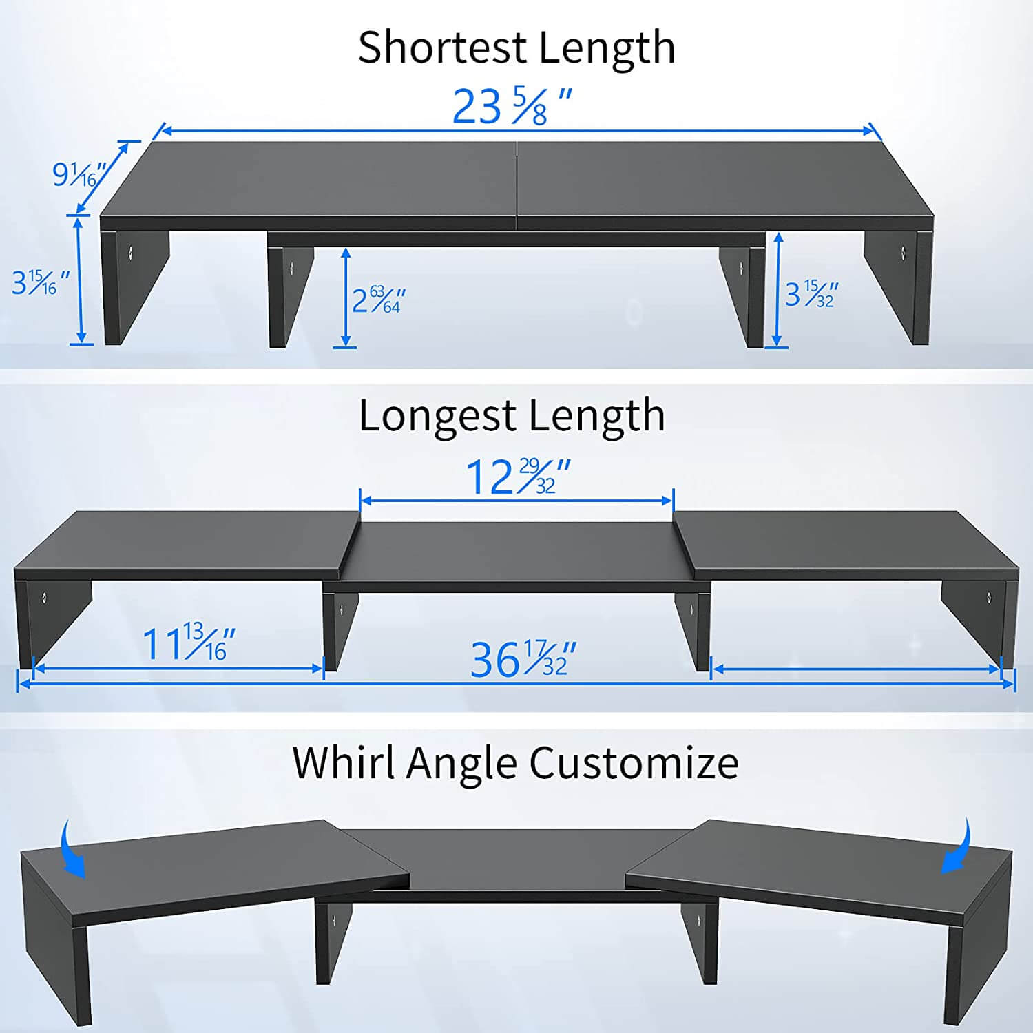 WOKA Black 3 shelf computer monitor stand size