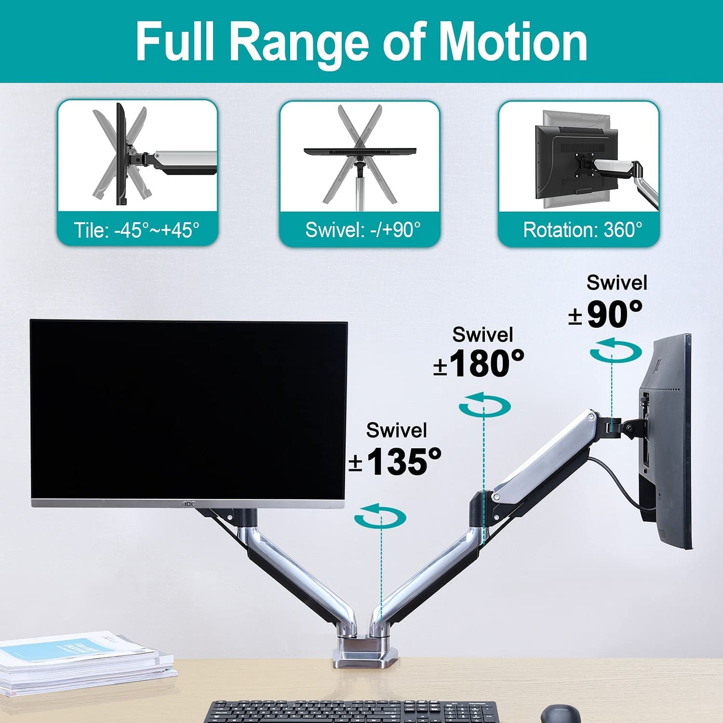 Dual Arms full motion monitor arm mount for fully adjusting monitors